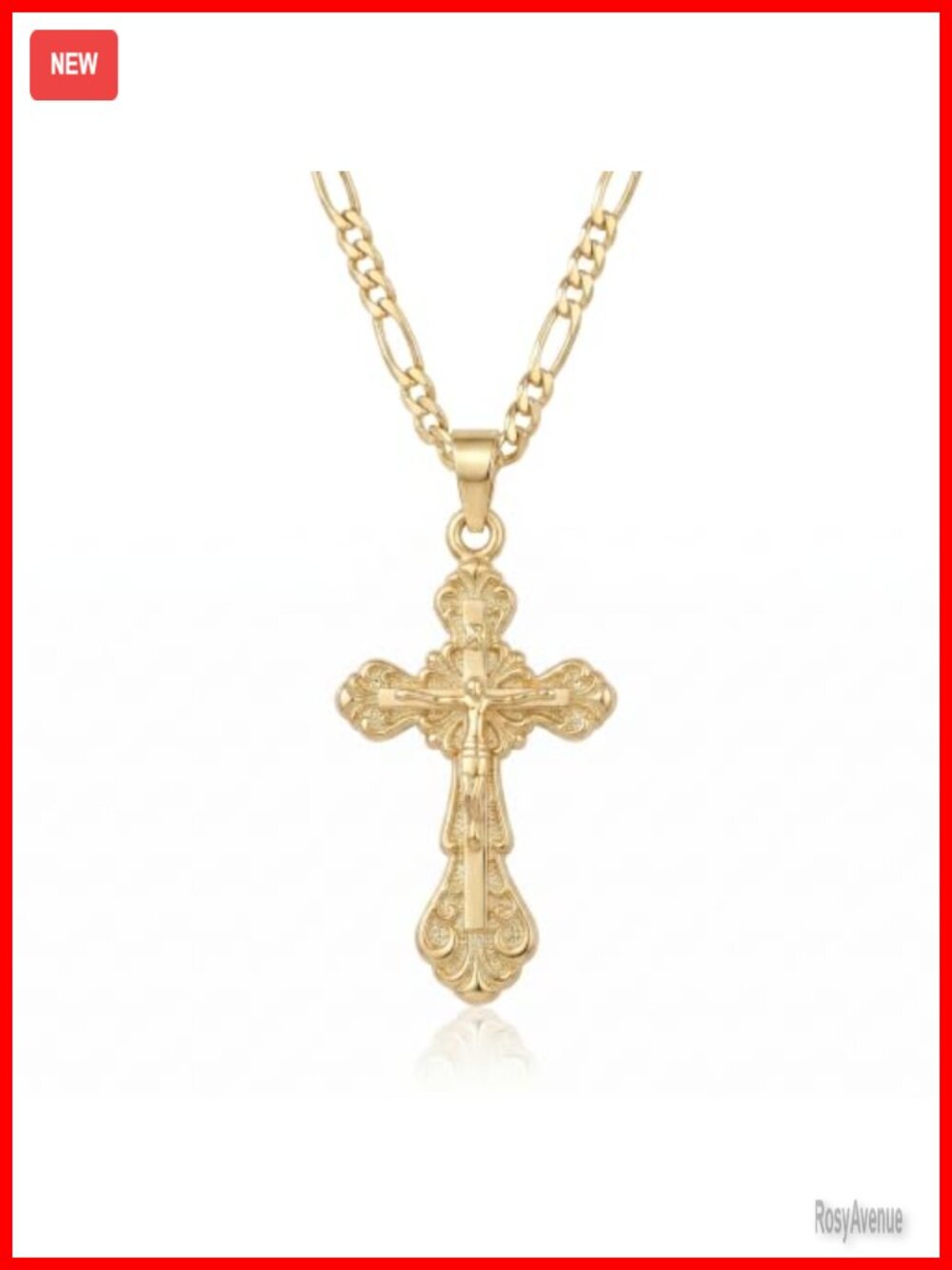 14K Yellow Gold Plated Cross Necklace Figaro Chain Catholic Pendant